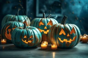 Teal lit jack-o-lanterns