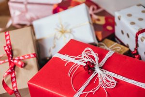 Gifts wrapped in red and white paper