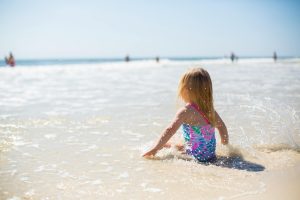 Little girl sitting in the sand at the beach