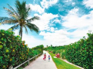 Kids walking along beach in Florida