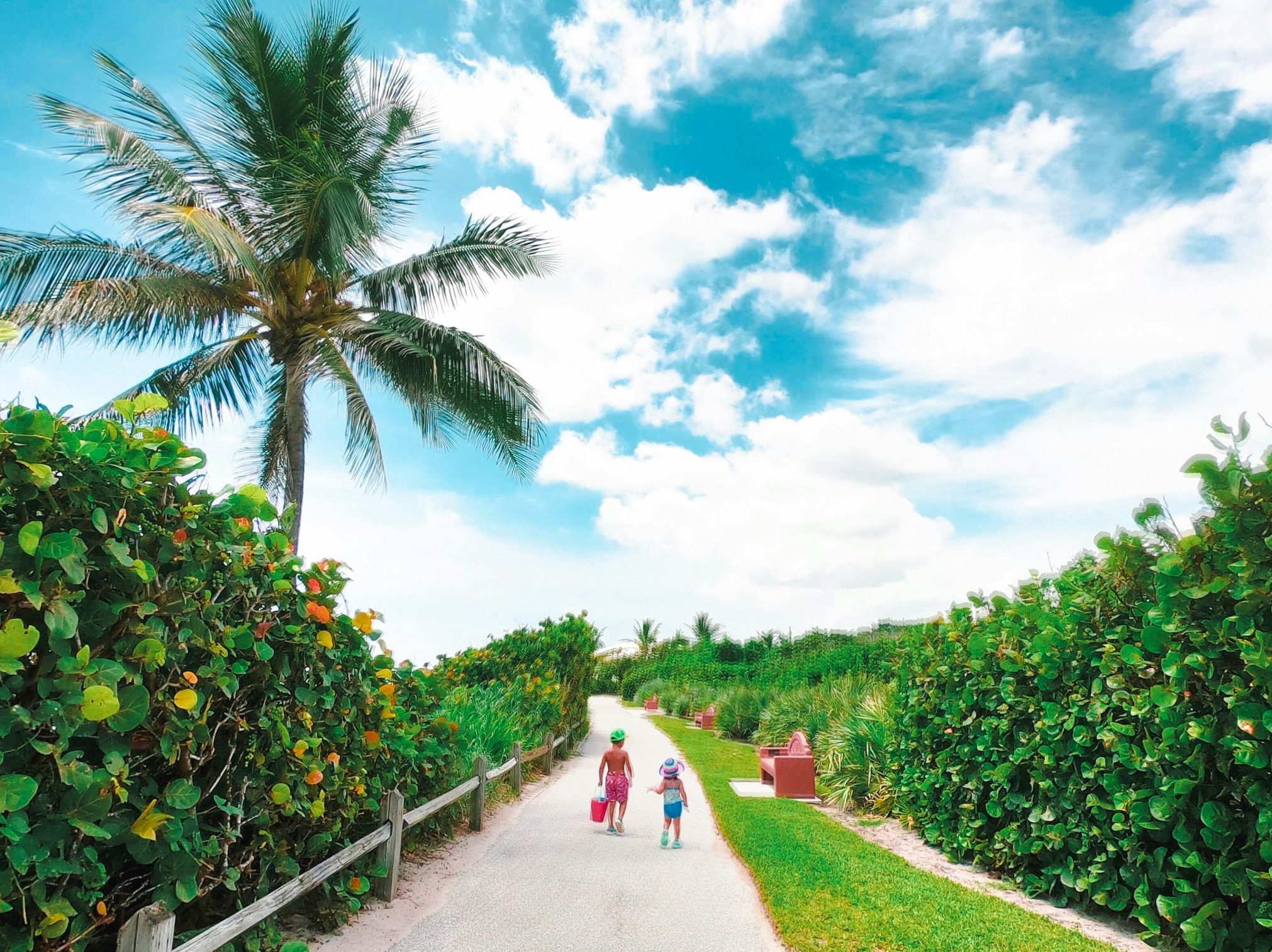 Kids walking along beach in Florida
